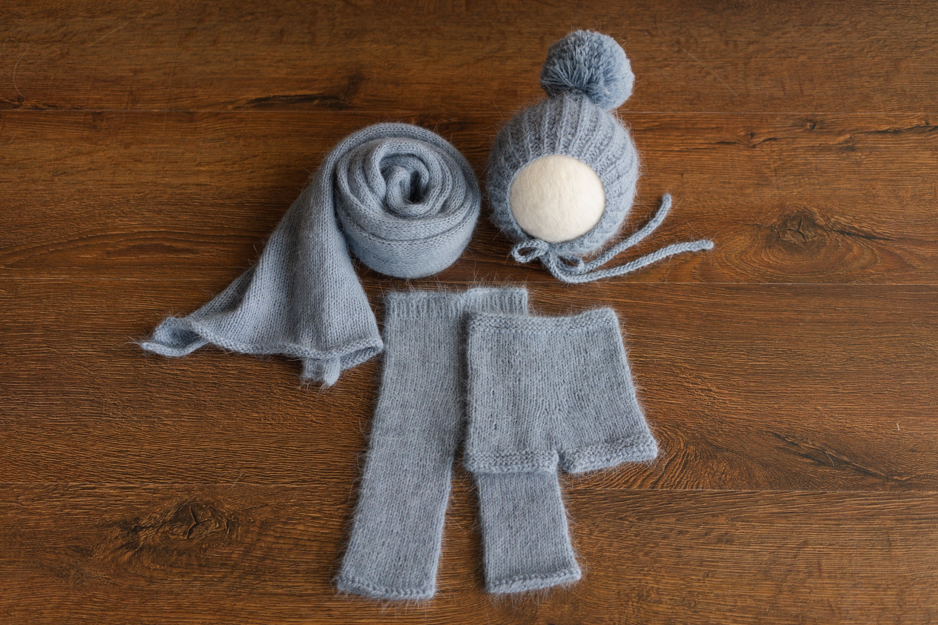 Handmade baby knitted bonnet with pompom – soft angora wool for newborns