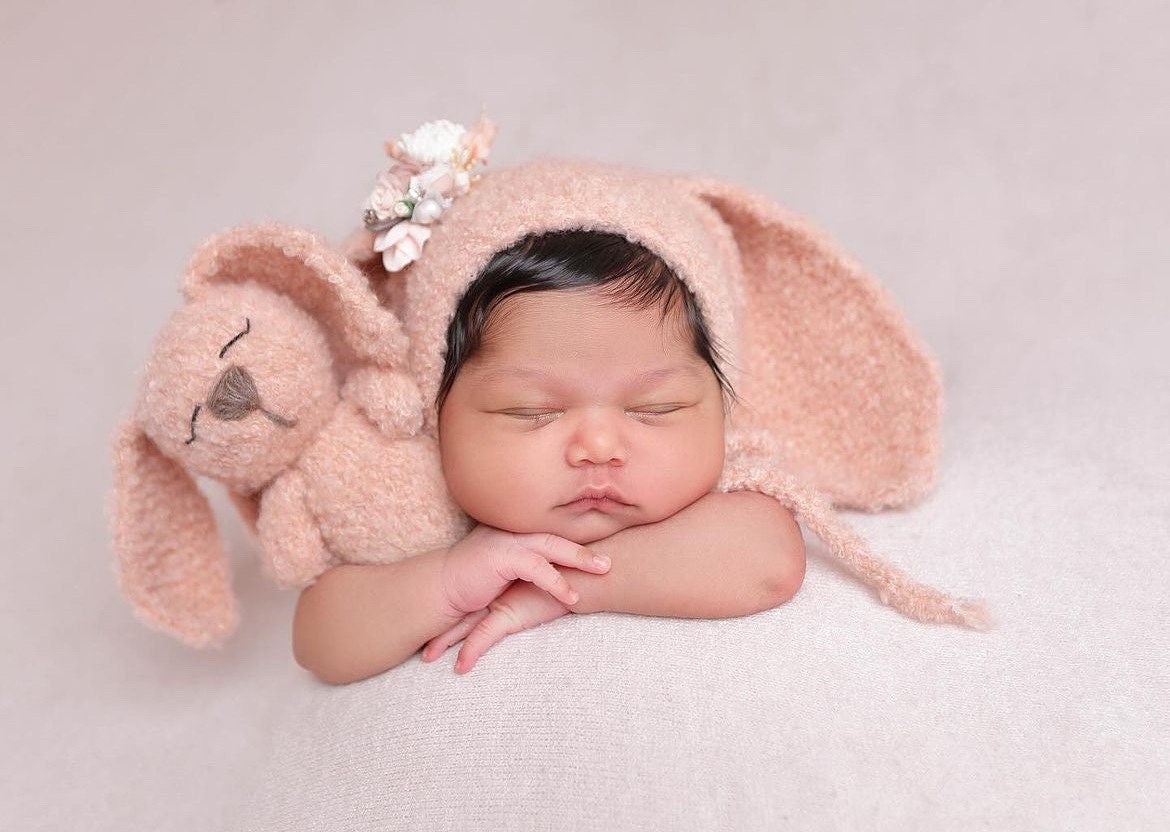Boucle Knitted Bunny Toy with Bunny Outfit for Newborn Photography Props, Newborn Rabbit Outfit, Newborn Knitted Outfit, Newborn Bunny Ears