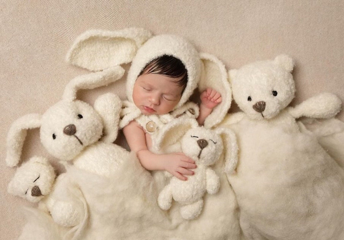 Boucle Knitted Bunny Toy with Bunny Outfit for Newborn Photography Props, Newborn Rabbit Outfit, Newborn Knitted Outfit, Newborn Bunny Ears
