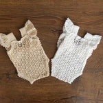 Hand-knitted newborn romper and bonnet set — soft, breathable cotton with delicate ruffle sleeves, perfect for newborn photoshoots, first birthdays, baptisms, or summer outings.