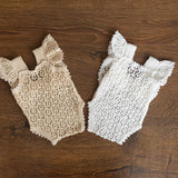 Hand-knitted newborn romper and bonnet set — soft, breathable cotton with delicate ruffle sleeves, perfect for newborn photoshoots, first birthdays, baptisms, or summer outings.
