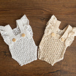 Hand-knitted newborn romper and bonnet set — soft, breathable cotton with delicate ruffle sleeves, perfect for newborn photoshoots, first birthdays, baptisms, or summer outings.