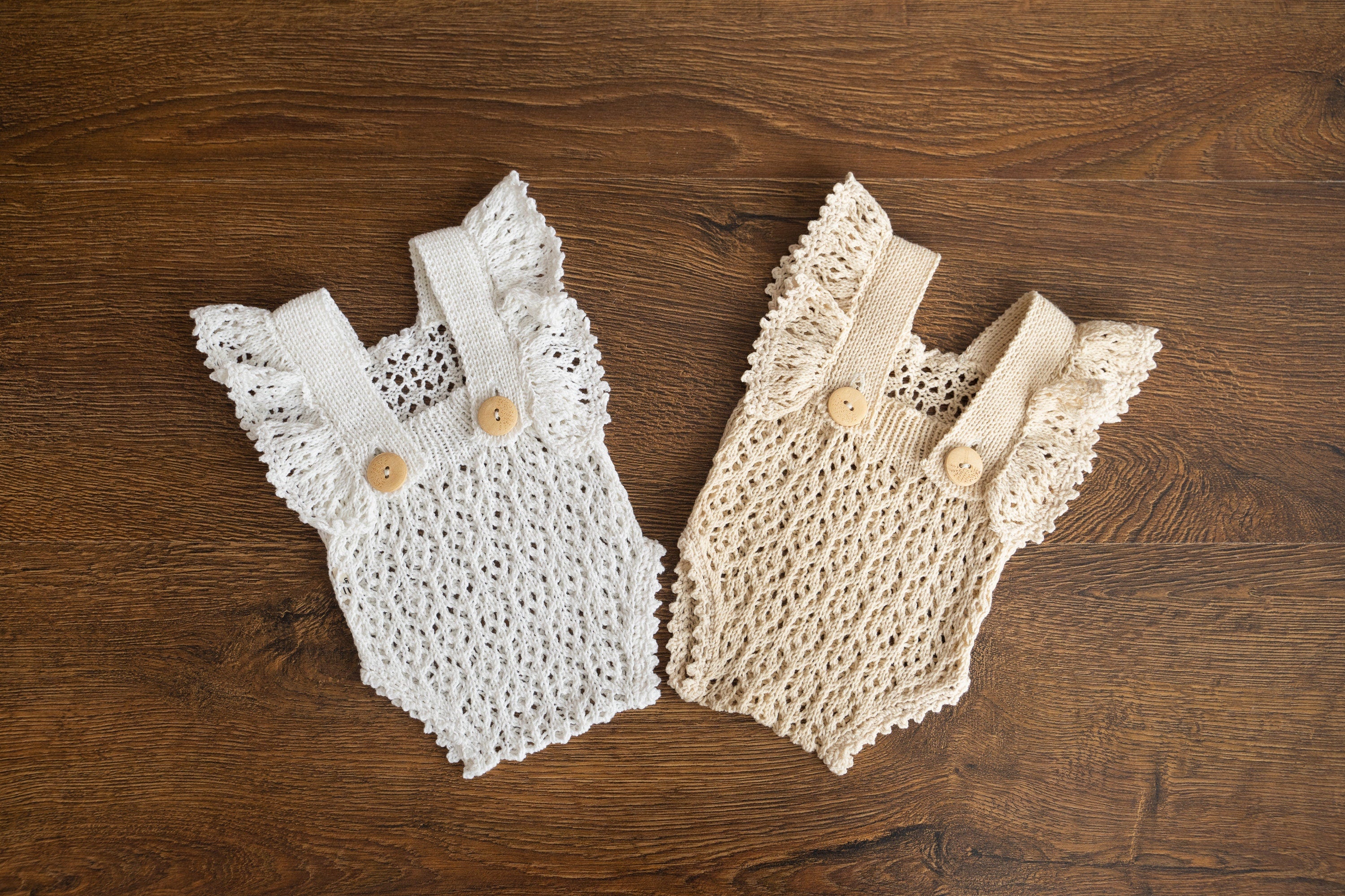 Hand-knitted newborn romper and bonnet set — soft, breathable cotton with delicate ruffle sleeves, perfect for newborn photoshoots, first birthdays, baptisms, or summer outings.