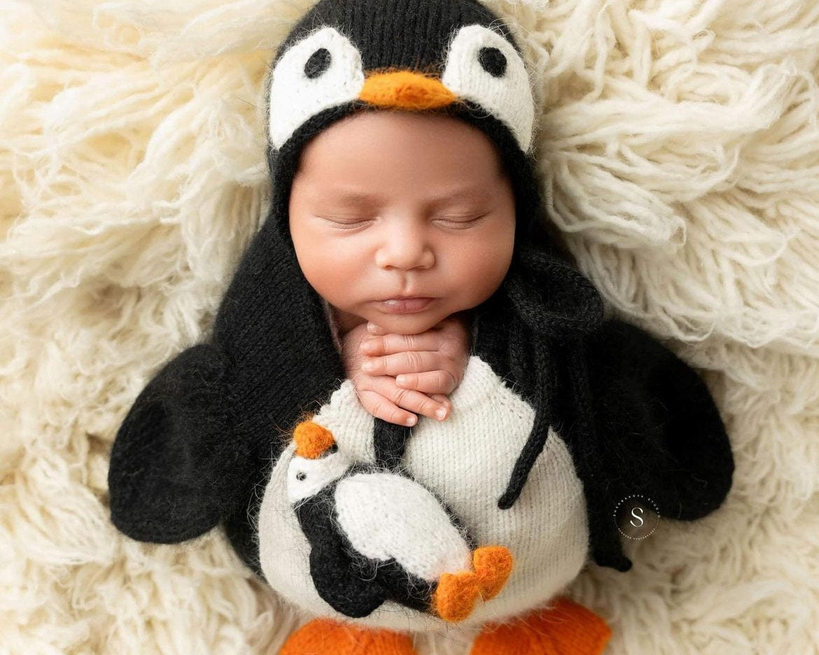 Newborn Penguin Cocoon Photo Props, Penguin Newborn Photography props, Newborn Penguin Potato Pouch with Bonnet, Newborn Coming Home Outfit
