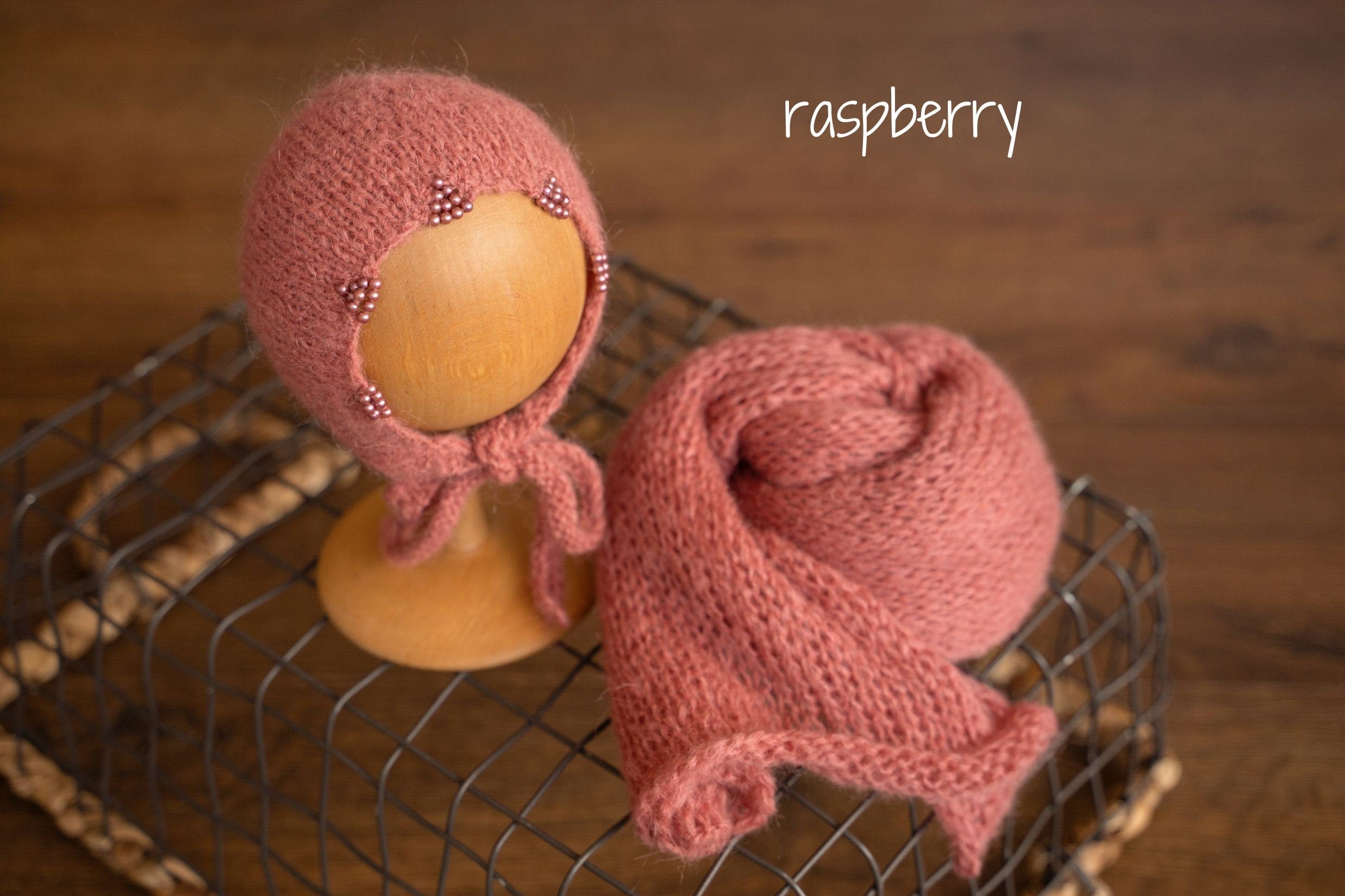 Mohair baby bonnet with matching wrap – newborn photography props