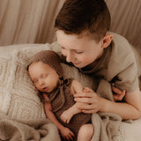 Brown Newborn Crochet Romper and Bonnet Set, Newborn Knitted Outfit, Newborn Knitted Blanket, Newborn Photography props, Baby Boy Outfit