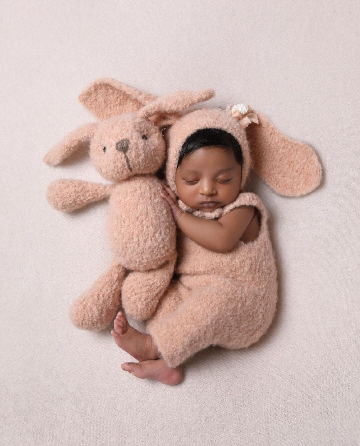 Boucle Knitted Bunny Toy with Bunny Outfit for Newborn Photography Props, Newborn Rabbit Outfit, Newborn Knitted Outfit, Newborn Bunny Ears