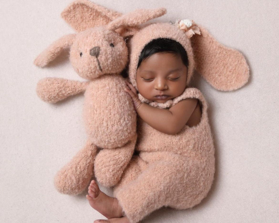 Boucle Knitted Bunny Toy with Bunny Outfit for Newborn Photography Props, Newborn Rabbit Outfit, Newborn Knitted Outfit, Newborn Bunny Ears