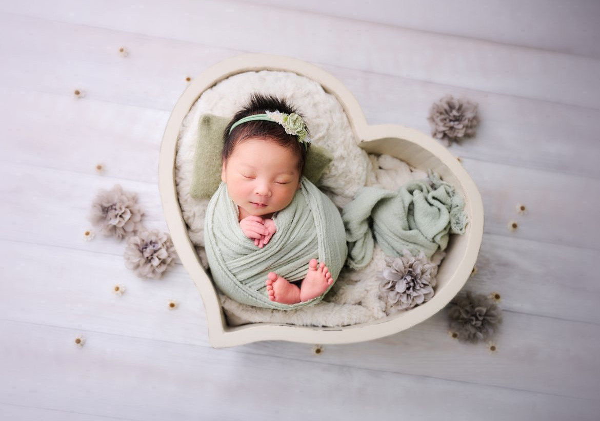 Wooden newborn heart bowl – handmade photography prop with vintage finish