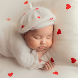 Angora Wool Baby Girl Beret Hat with Hearts – Valentine’s Day Outfit, Newborn Photography Prop