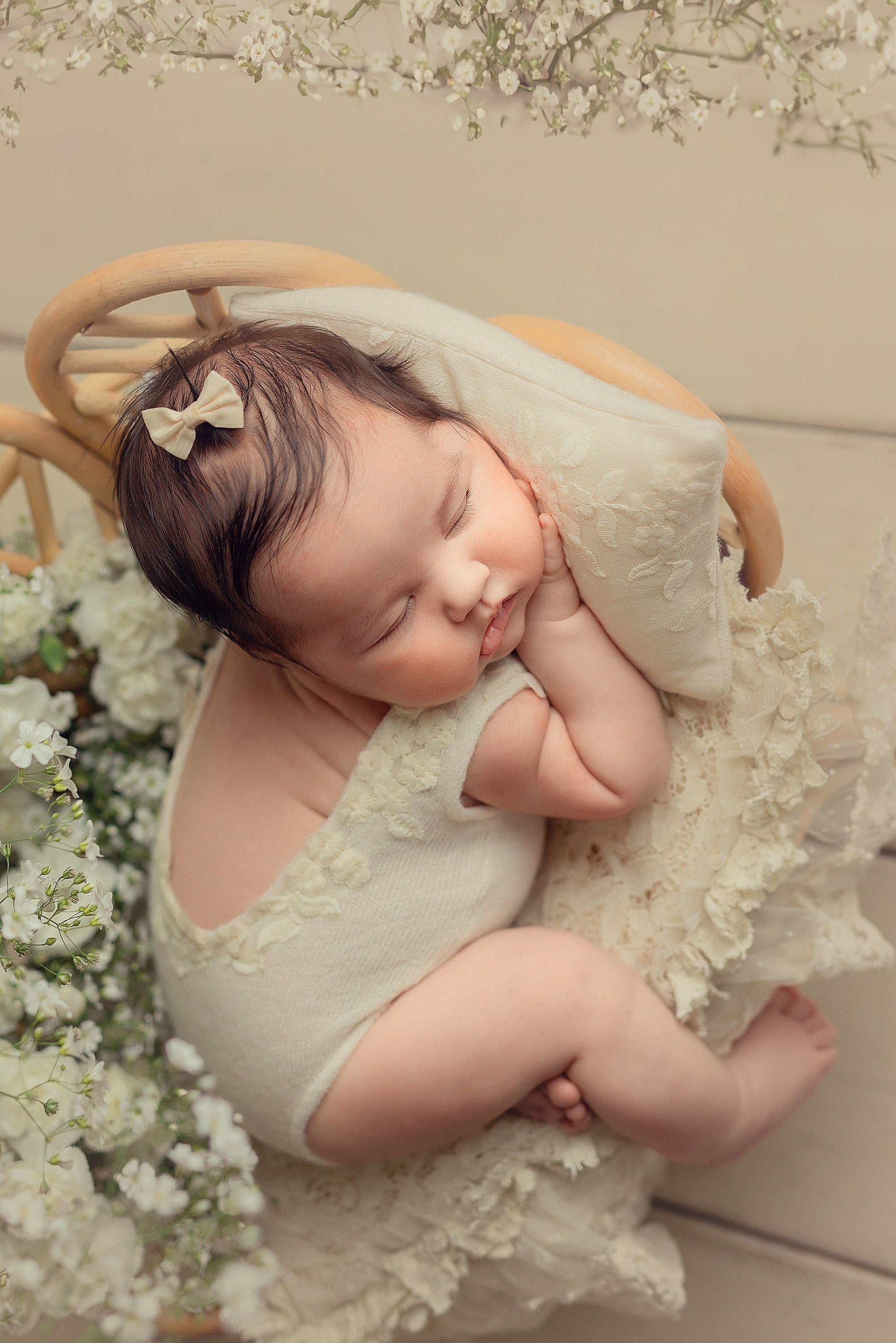 Handmade angora newborn girl romper with matching posing pillow