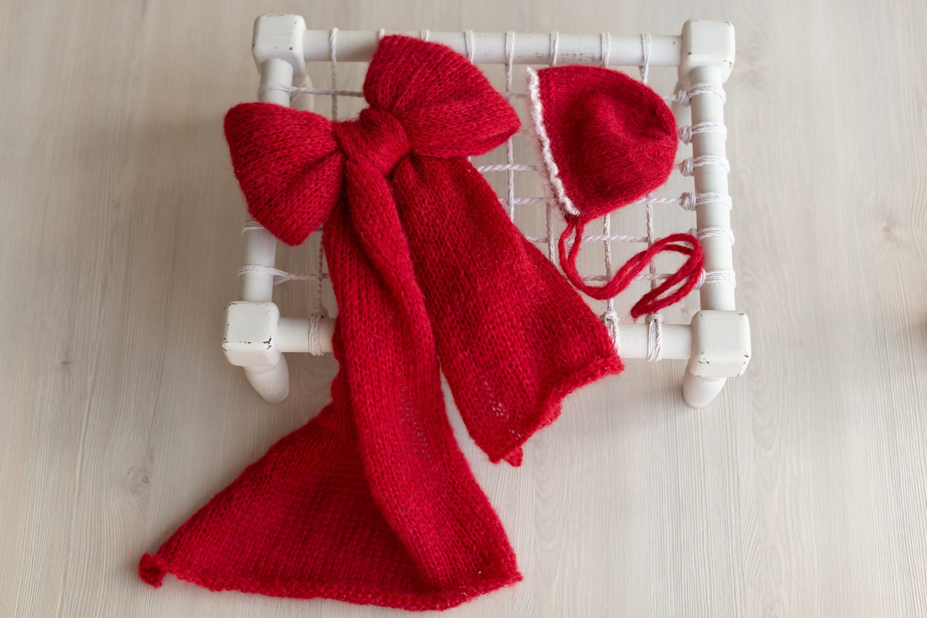 Newborn Bonnet with Knitted Wrap Mohair, Newborn Christmas Outfits for Newborn Photography Props, Christmas Newborn Props for Photography