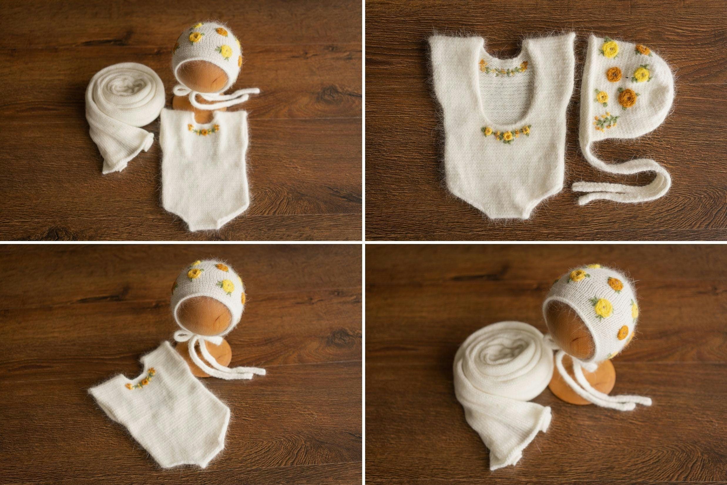 Newborn Knitted Romper for Girl with Bonnet & Wrap,Newborn Romper Girl,Newborn Girl Outfit,Newborn Photography Props,Newborn Photo Props Set