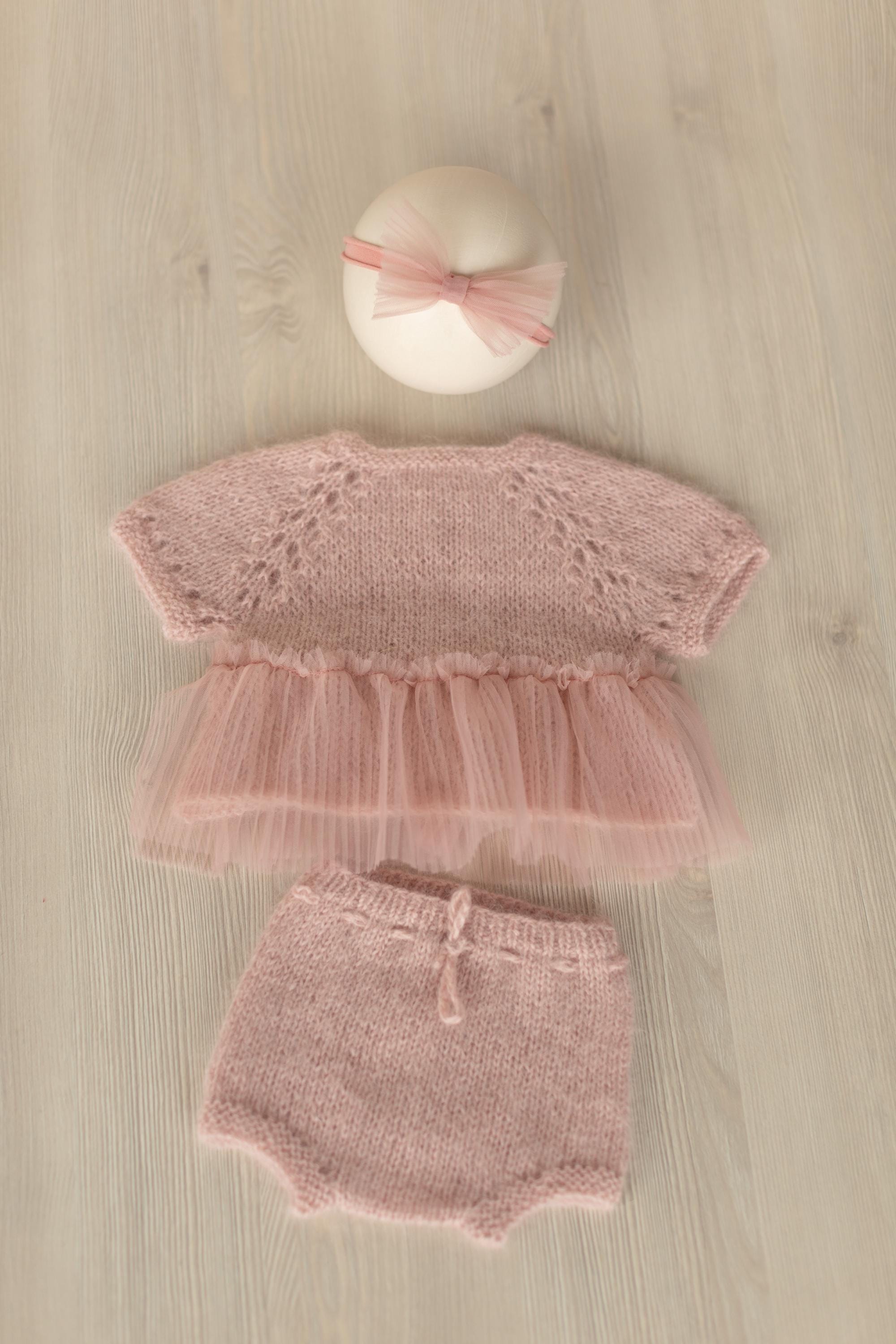Newborn Knitted Romper for Girl with Headband, Newborn Girl Coming Home Outfit, Newborn Knitted Outfit, Newborn Girl Photo Props