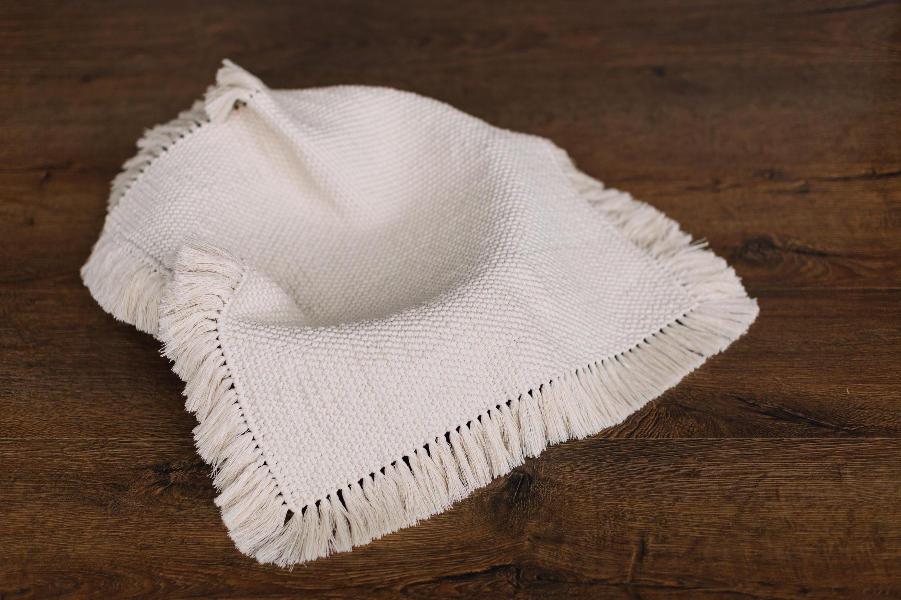 Handcrafted macrame layer in boho and rustic style — versatile newborn photography prop or decorative home accent, perfect as a blanket, basket layer, or textured photo backdrop.