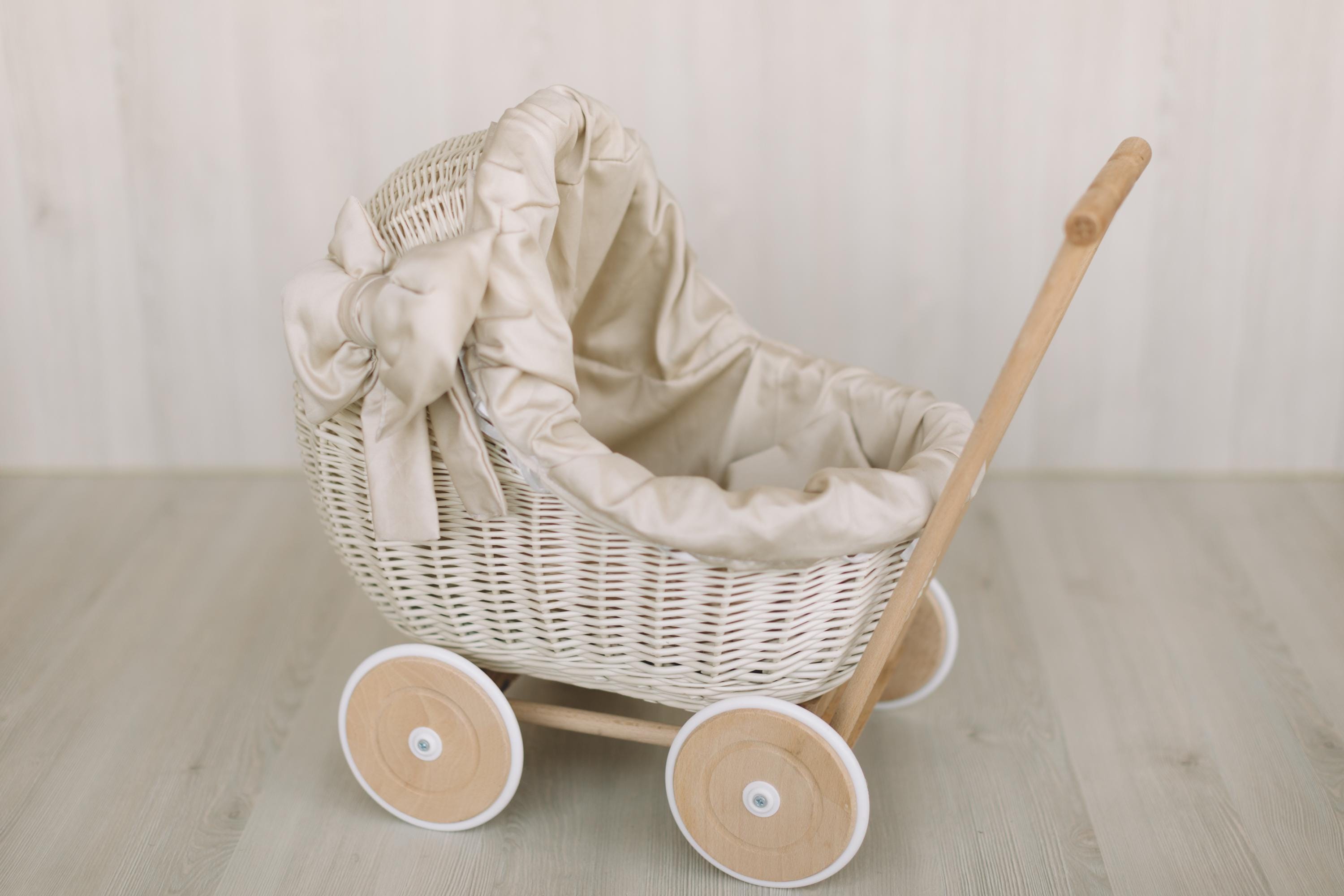 Wicker Doll Stroller for Newborn Photography Prop, Birthday Gift for Kids for Nursery Decor or Baby Shower Decor, Baby Buggy for Toy Storage
