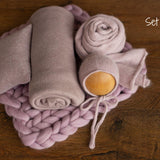 Dusty Pink Newborn Photography Props Set, Newborn Merino Wool Blanket, Newborn Knitted Wrap and Bonnet Set, Newborn Posing Pillow Props