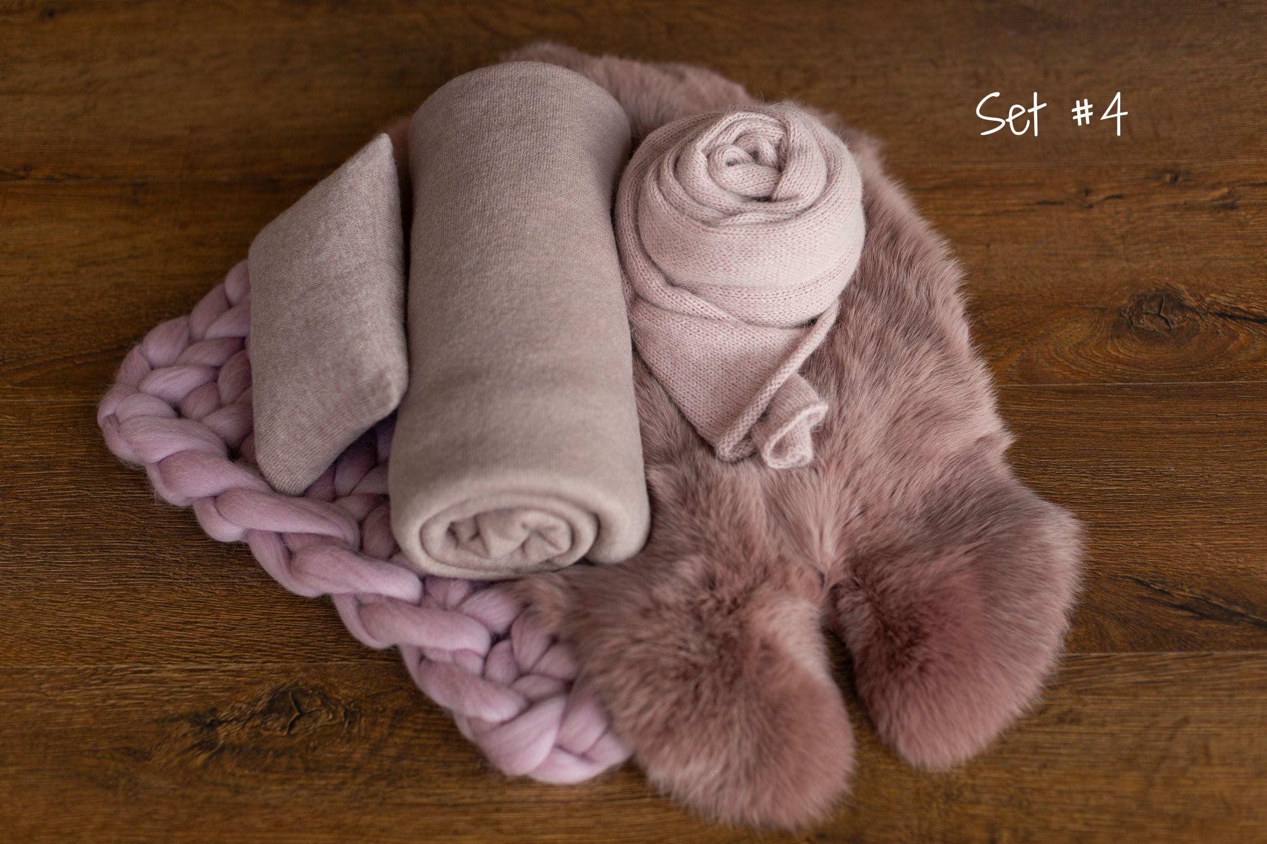 Dusty Pink Newborn Photography Props Set, Newborn Merino Wool Blanket, Newborn Knitted Wrap and Bonnet Set, Newborn Posing Pillow Props