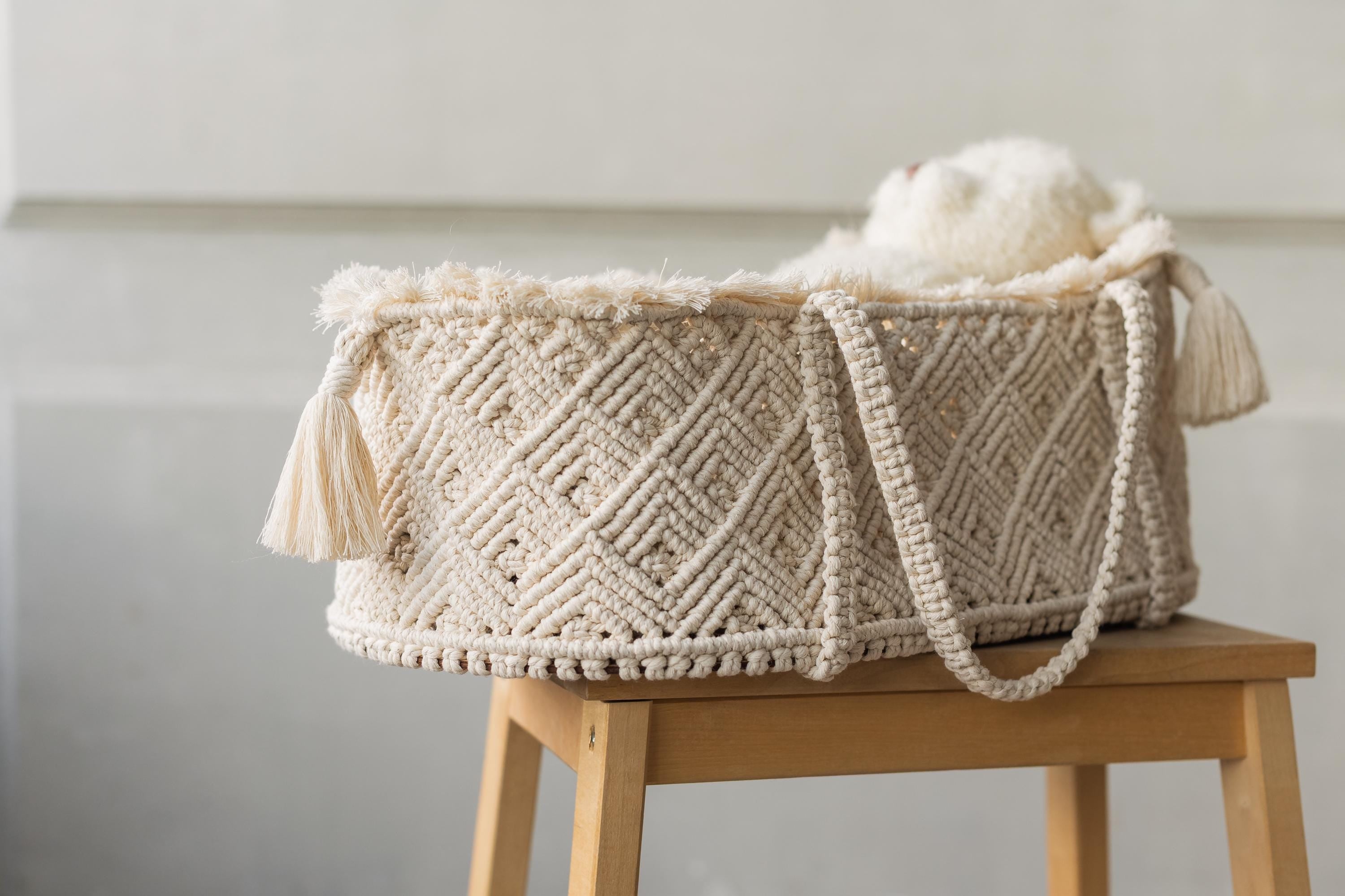 Handmade macrame Moses basket – newborn photography prop and nursery décor