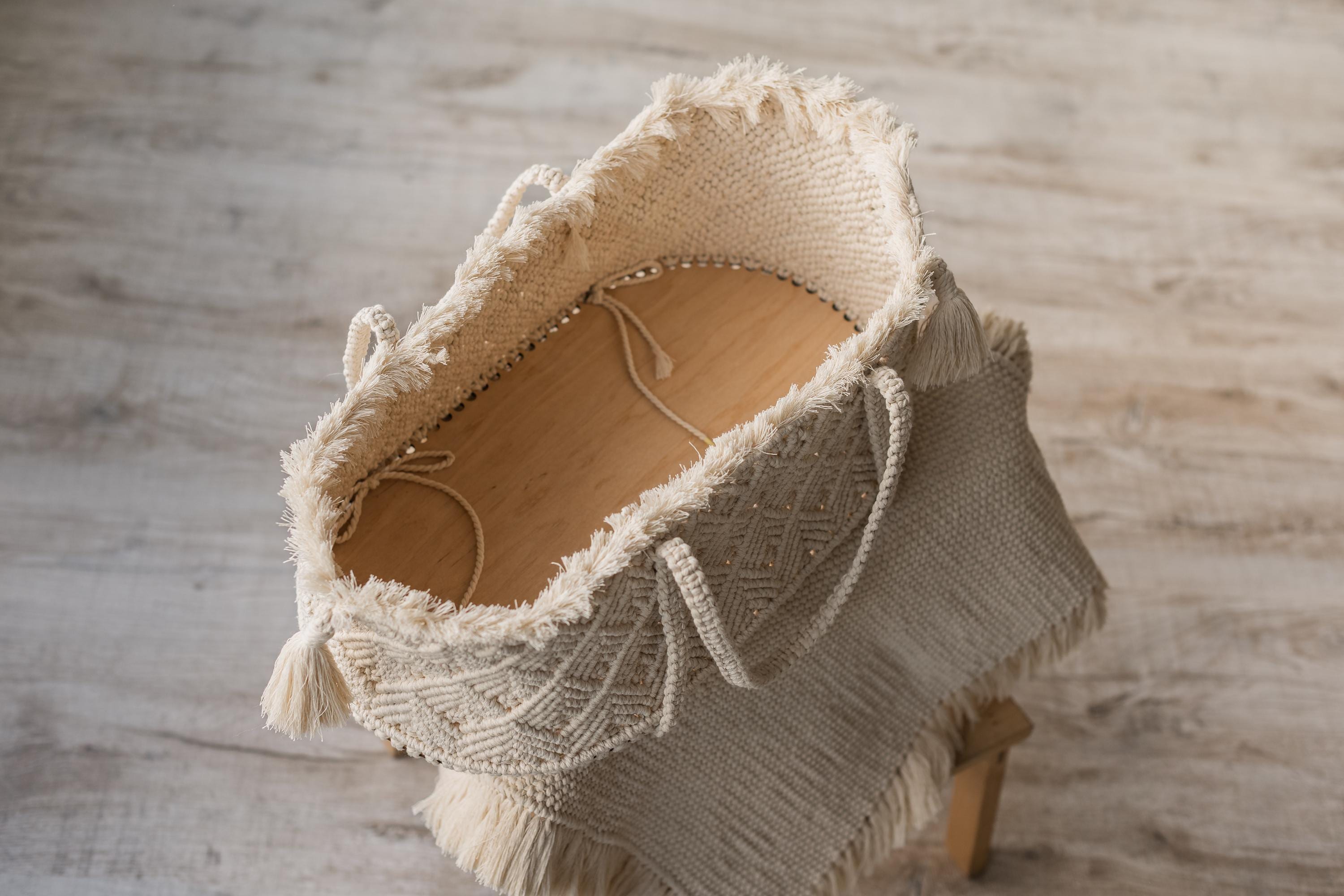 Handmade macrame Moses basket – newborn photography prop and nursery décor