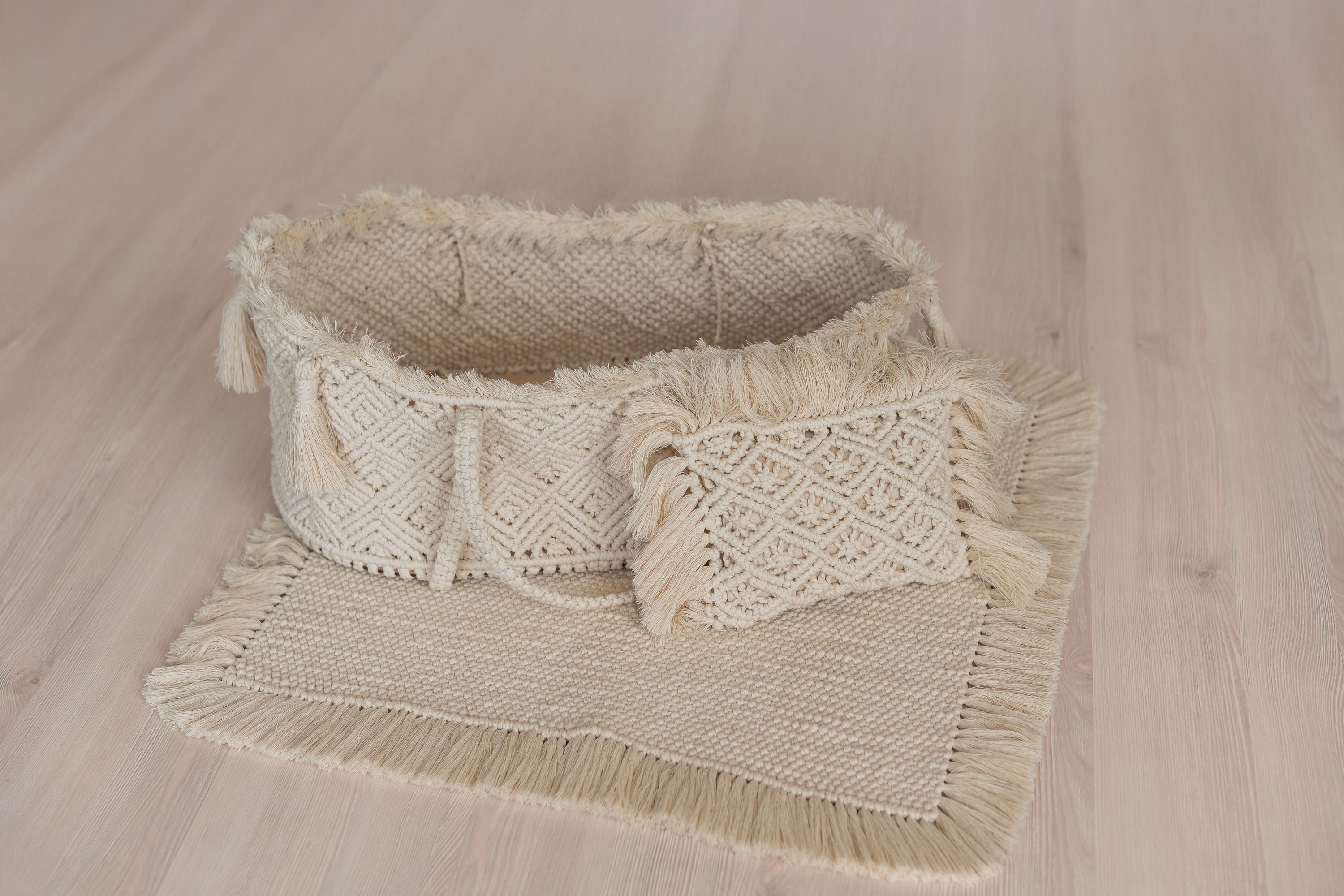 Handmade macrame Moses basket – newborn photography prop and nursery décor