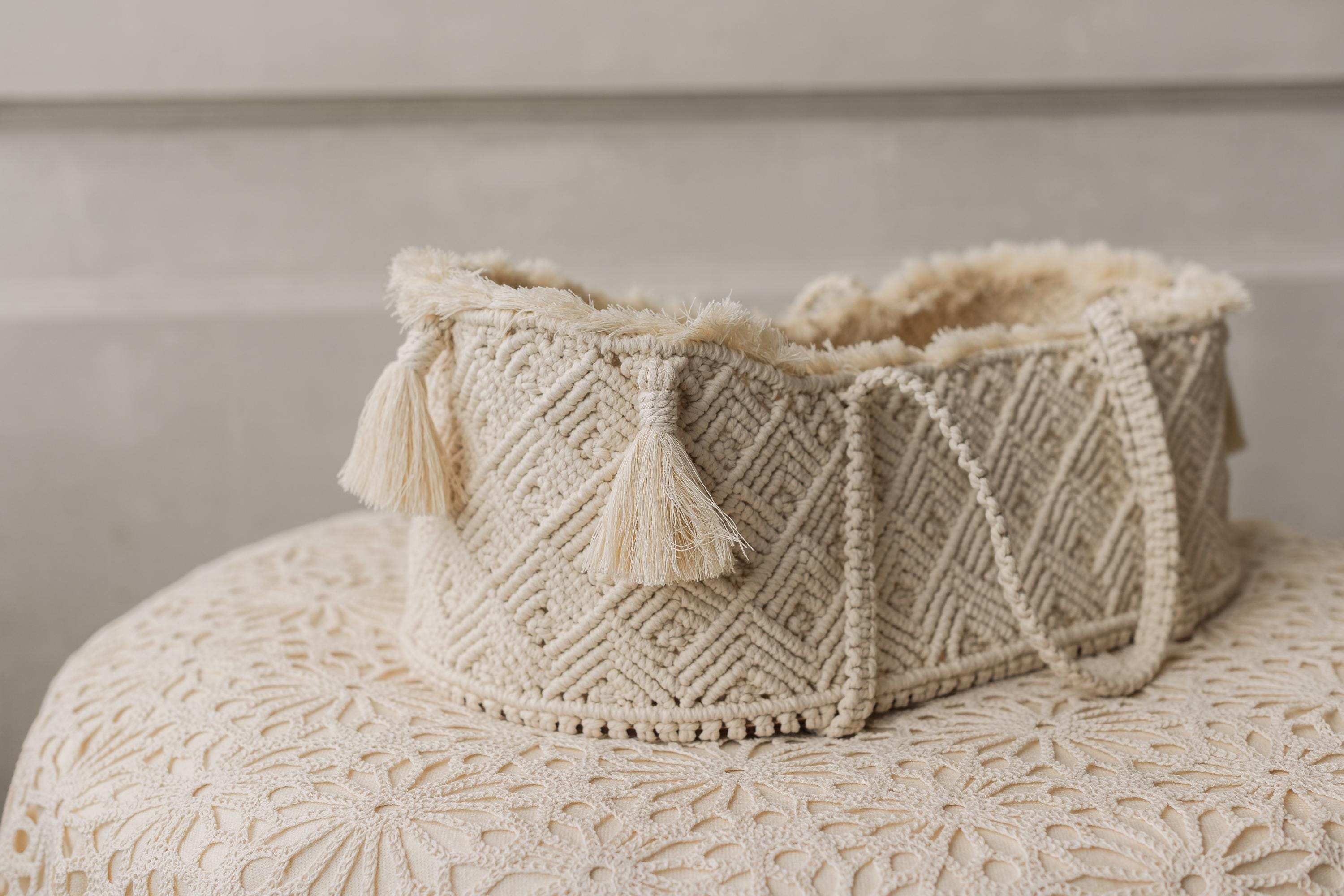 Handmade macrame Moses basket – newborn photography prop and nursery décor