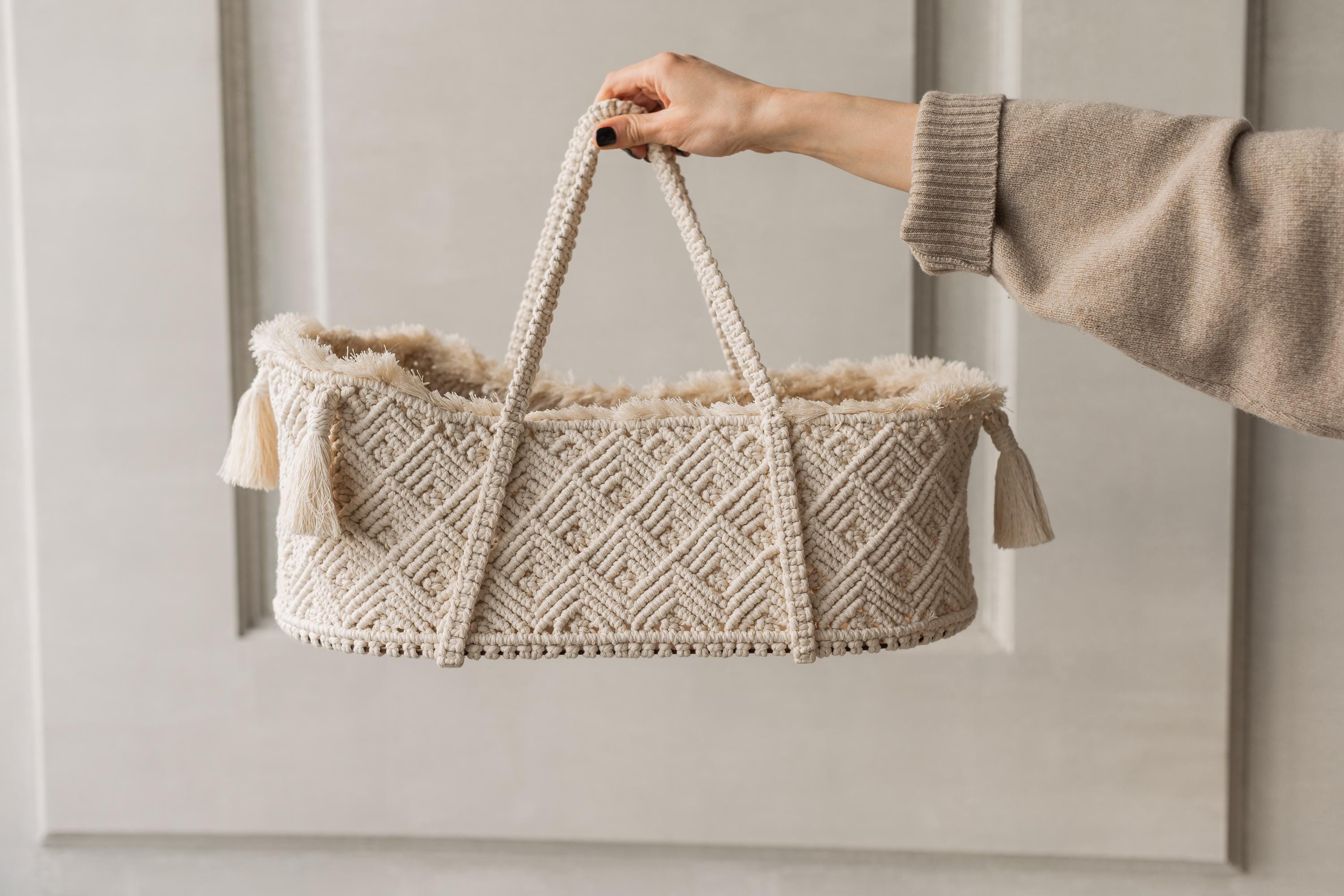 Handmade macrame Moses basket – newborn photography prop and nursery décor