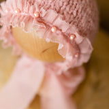 Newborn Knitted Bonnet with Pearls and Chiffon Ties, Newborn Girl Outfit, Newborn Girl Bonnet, Newborn Photography Props for Girl, Girl Hat