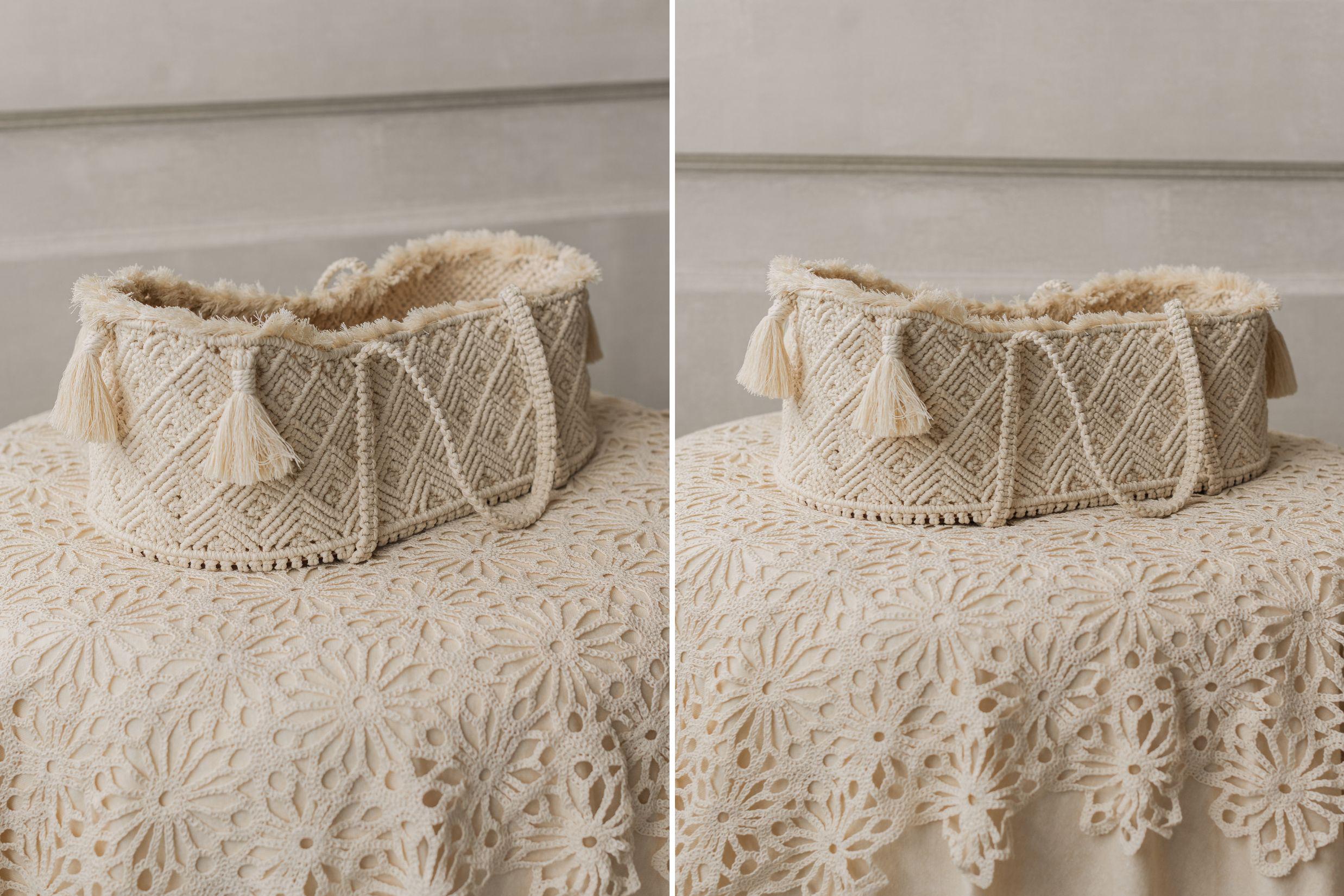 Handmade macrame Moses basket – newborn photography prop and nursery décor