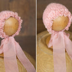 Newborn Knitted Bonnet with Pearls and Chiffon Ties, Newborn Girl Outfit, Newborn Girl Bonnet, Newborn Photography Props for Girl, Girl Hat