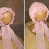 Newborn Knitted Bonnet with Pearls and Chiffon Ties, Newborn Girl Outfit, Newborn Girl Bonnet, Newborn Photography Props for Girl, Girl Hat