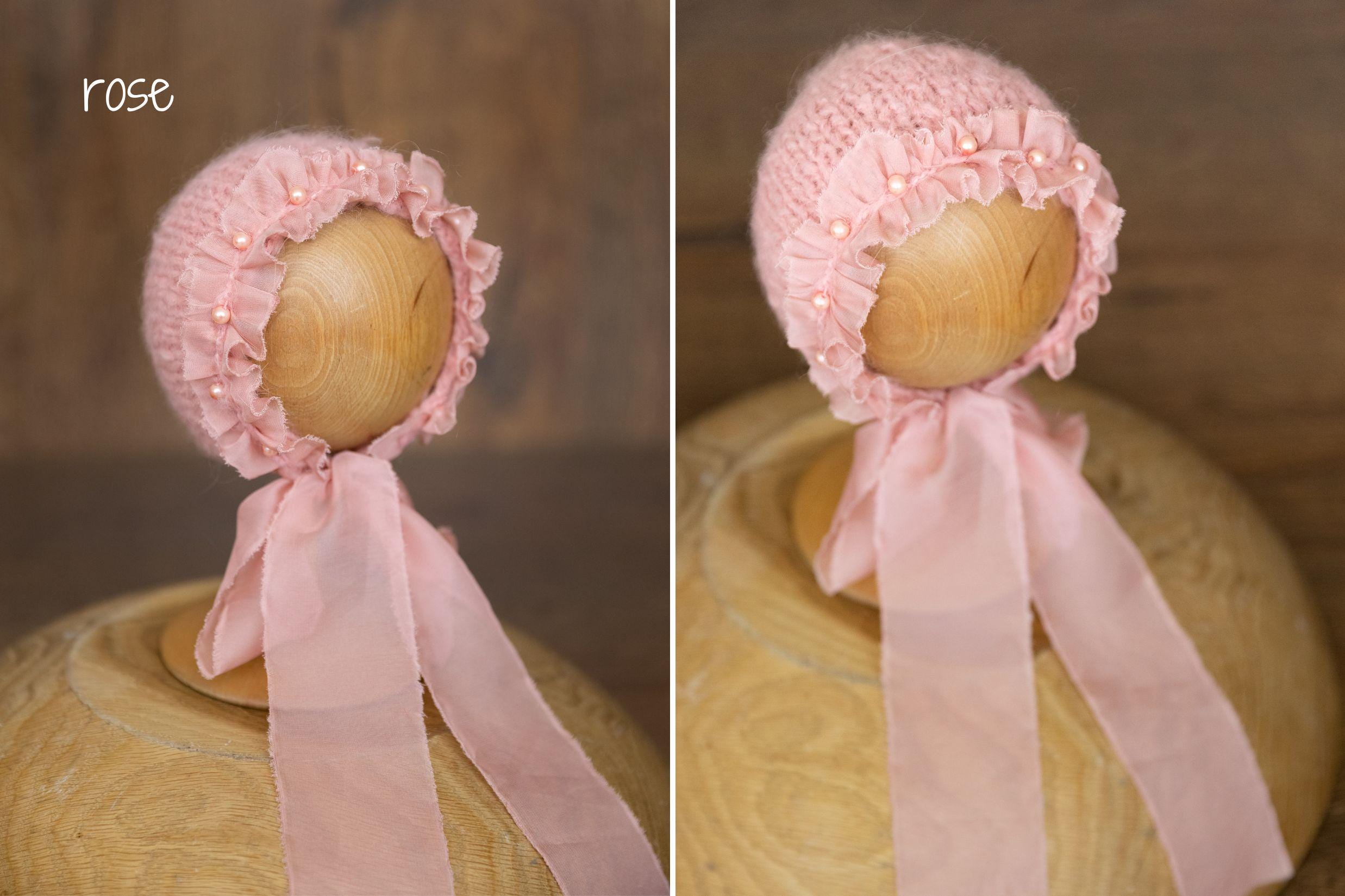 Newborn Knitted Bonnet with Pearls and Chiffon Ties, Newborn Girl Outfit, Newborn Girl Bonnet, Newborn Photography Props for Girl, Girl Hat