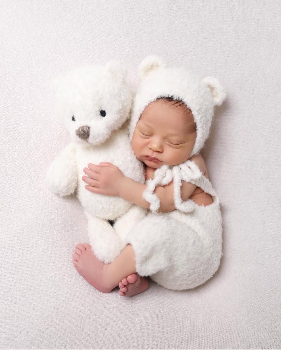 Newborn Knit Boucle Overall, Newborn Knit Teddy Bear Outfit, Newborn Knitted Outfit, Newborn Bear Hat Boucle, Newborn Photography Props Set