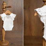 Hand-knitted newborn romper and bonnet set — soft, breathable cotton with delicate ruffle sleeves, perfect for newborn photoshoots, first birthdays, baptisms, or summer outings.