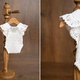 Hand-knitted newborn romper and bonnet set — soft, breathable cotton with delicate ruffle sleeves, perfect for newborn photoshoots, first birthdays, baptisms, or summer outings.