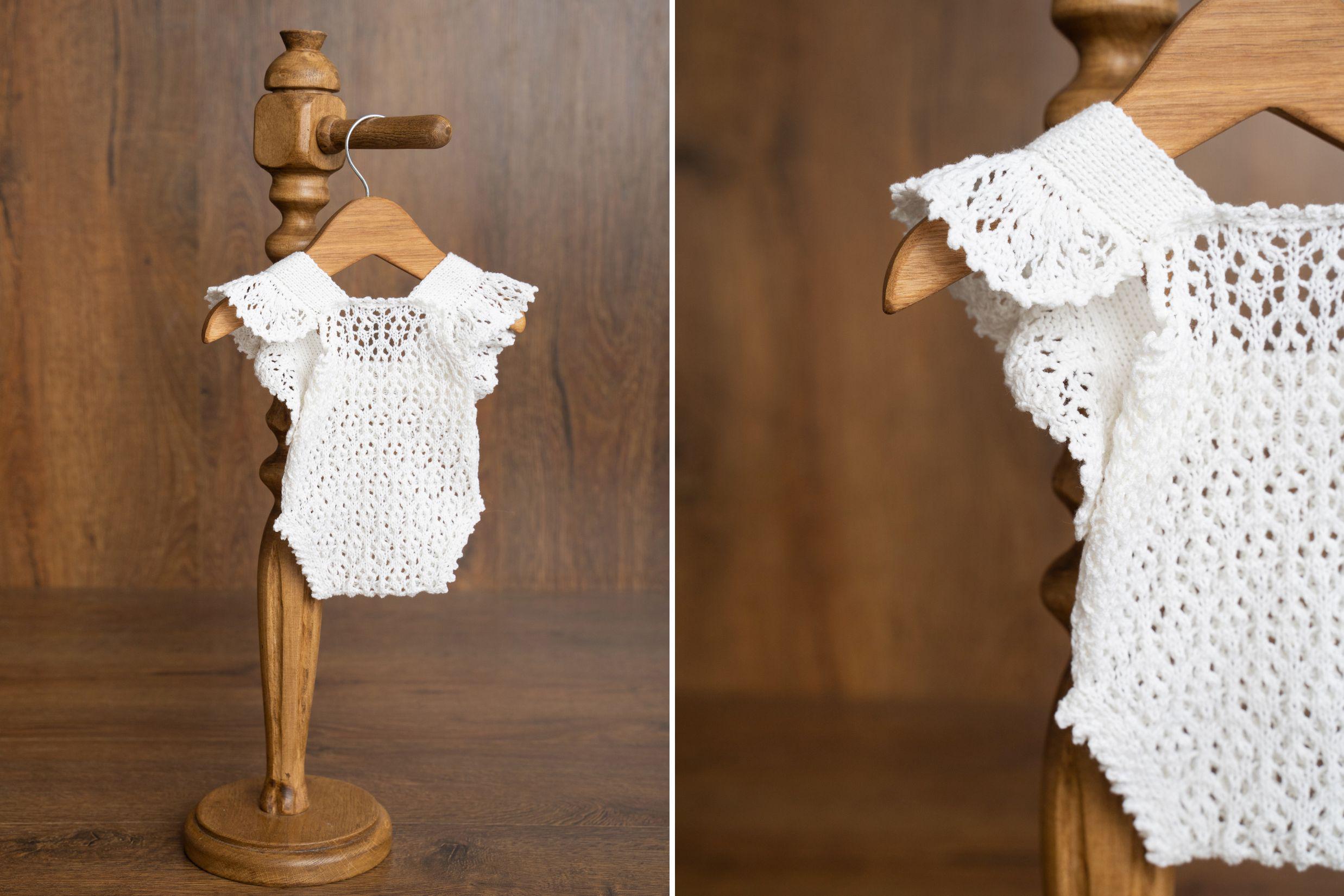 Hand-knitted newborn romper and bonnet set — soft, breathable cotton with delicate ruffle sleeves, perfect for newborn photoshoots, first birthdays, baptisms, or summer outings.
