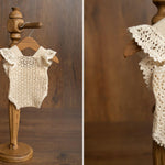 Hand-knitted newborn romper and bonnet set — soft, breathable cotton with delicate ruffle sleeves, perfect for newborn photoshoots, first birthdays, baptisms, or summer outings.