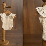 Hand-knitted newborn romper and bonnet set — soft, breathable cotton with delicate ruffle sleeves, perfect for newborn photoshoots, first birthdays, baptisms, or summer outings.