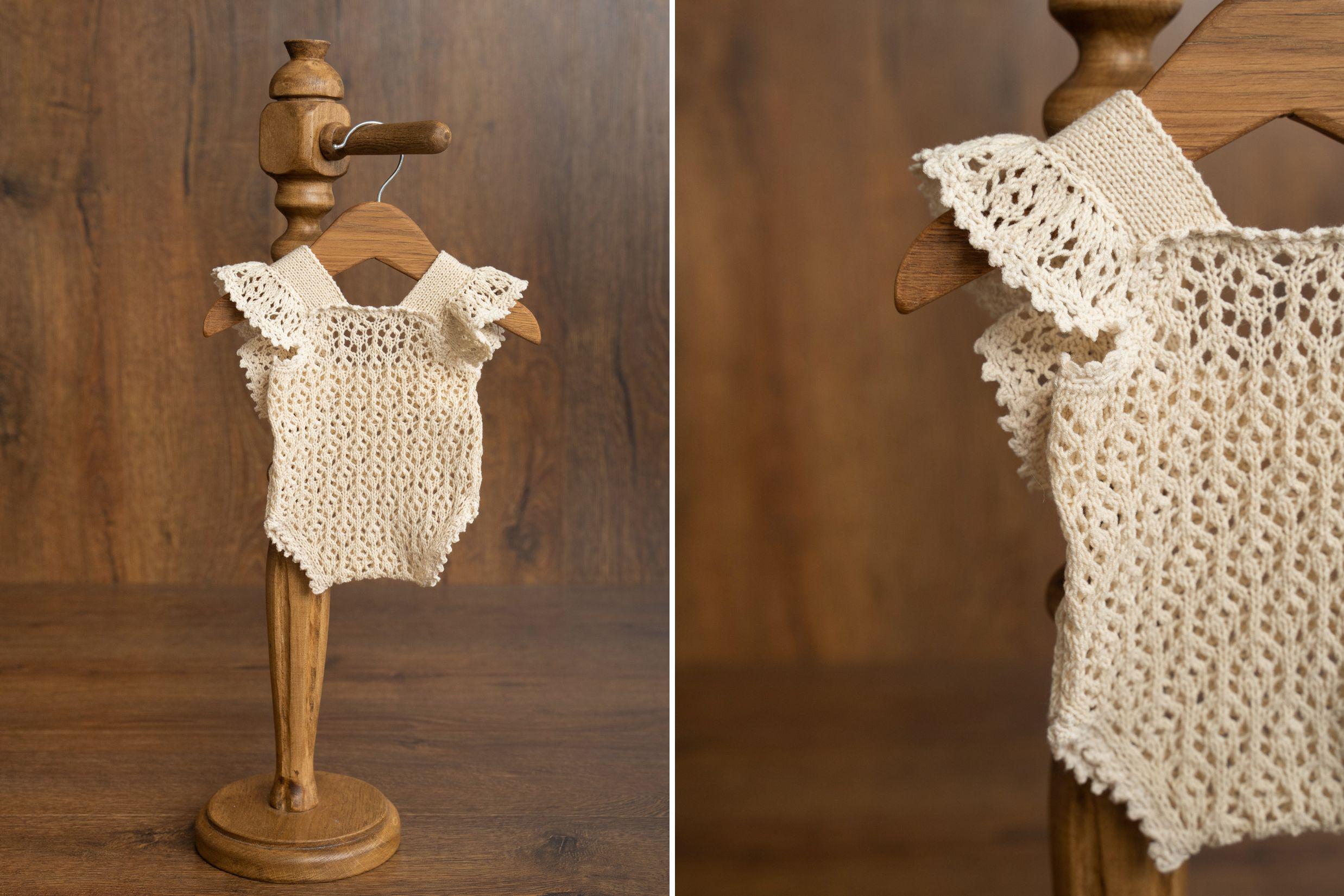 Hand-knitted newborn romper and bonnet set — soft, breathable cotton with delicate ruffle sleeves, perfect for newborn photoshoots, first birthdays, baptisms, or summer outings.