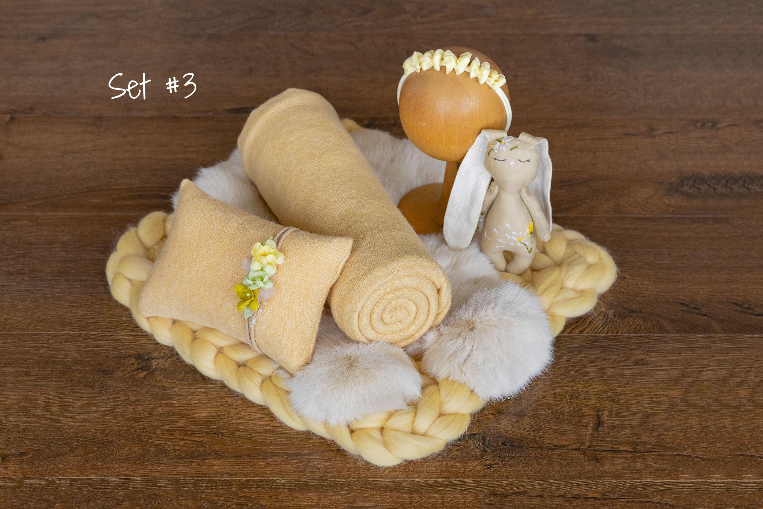 Warm Yellow Newborn Photography Props, Newborn Merino Wool Blanket, Newborn Knitted Wrap and Bonnet, Newborn Posing Pillow, Newborn Fur Prop