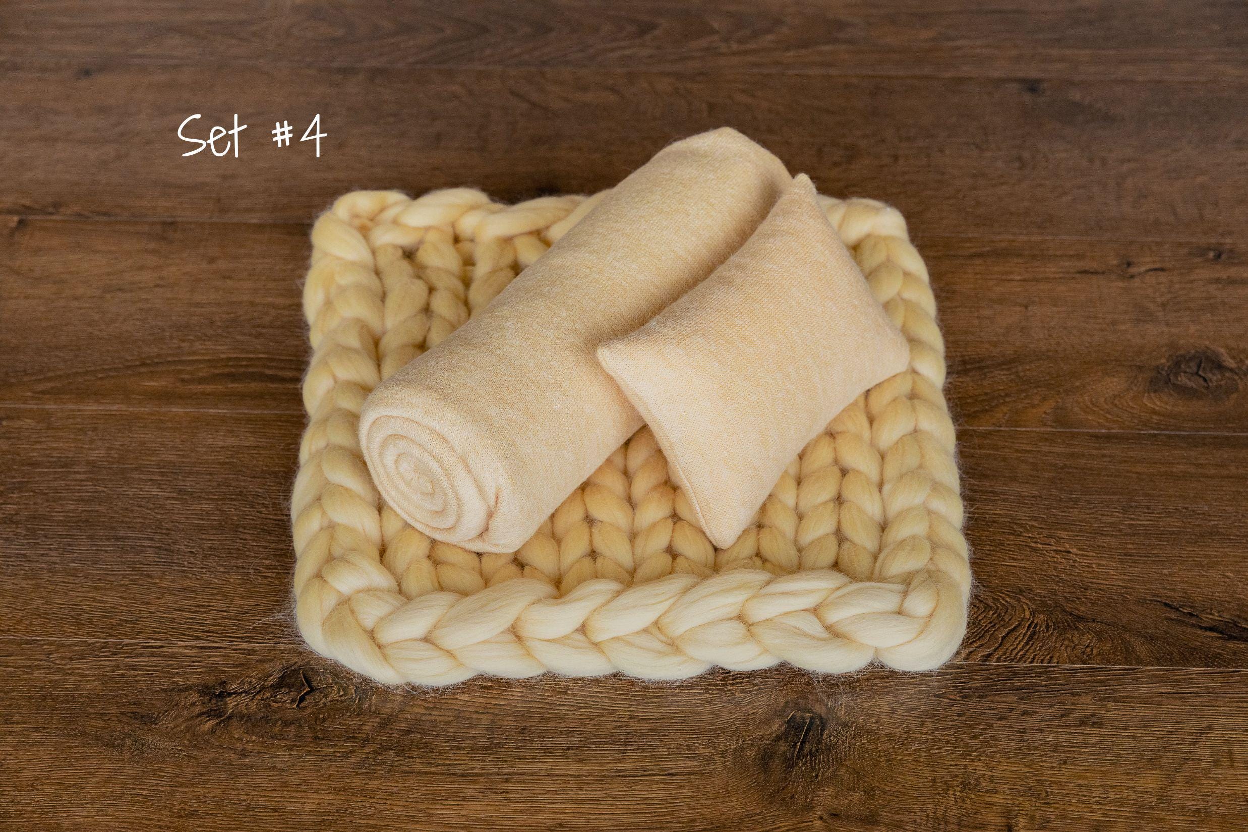 Warm Yellow Newborn Photography Props, Newborn Merino Wool Blanket, Newborn Knitted Wrap and Bonnet, Newborn Posing Pillow, Newborn Fur Prop