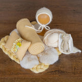 Warm Yellow Newborn Photography Props, Newborn Merino Wool Blanket, Newborn Knitted Wrap and Bonnet, Newborn Posing Pillow, Newborn Fur Prop