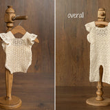 Hand-knitted newborn romper and bonnet set — soft, breathable cotton with delicate ruffle sleeves, perfect for newborn photoshoots, first birthdays, baptisms, or summer outings.