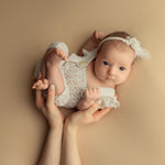 Hand-knitted newborn romper and bonnet set — soft, breathable cotton with delicate ruffle sleeves, perfect for newborn photoshoots, first birthdays, baptisms, or summer outings.