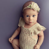 Hand-knitted newborn romper and bonnet set — soft, breathable cotton with delicate ruffle sleeves, perfect for newborn photoshoots, first birthdays, baptisms, or summer outings.