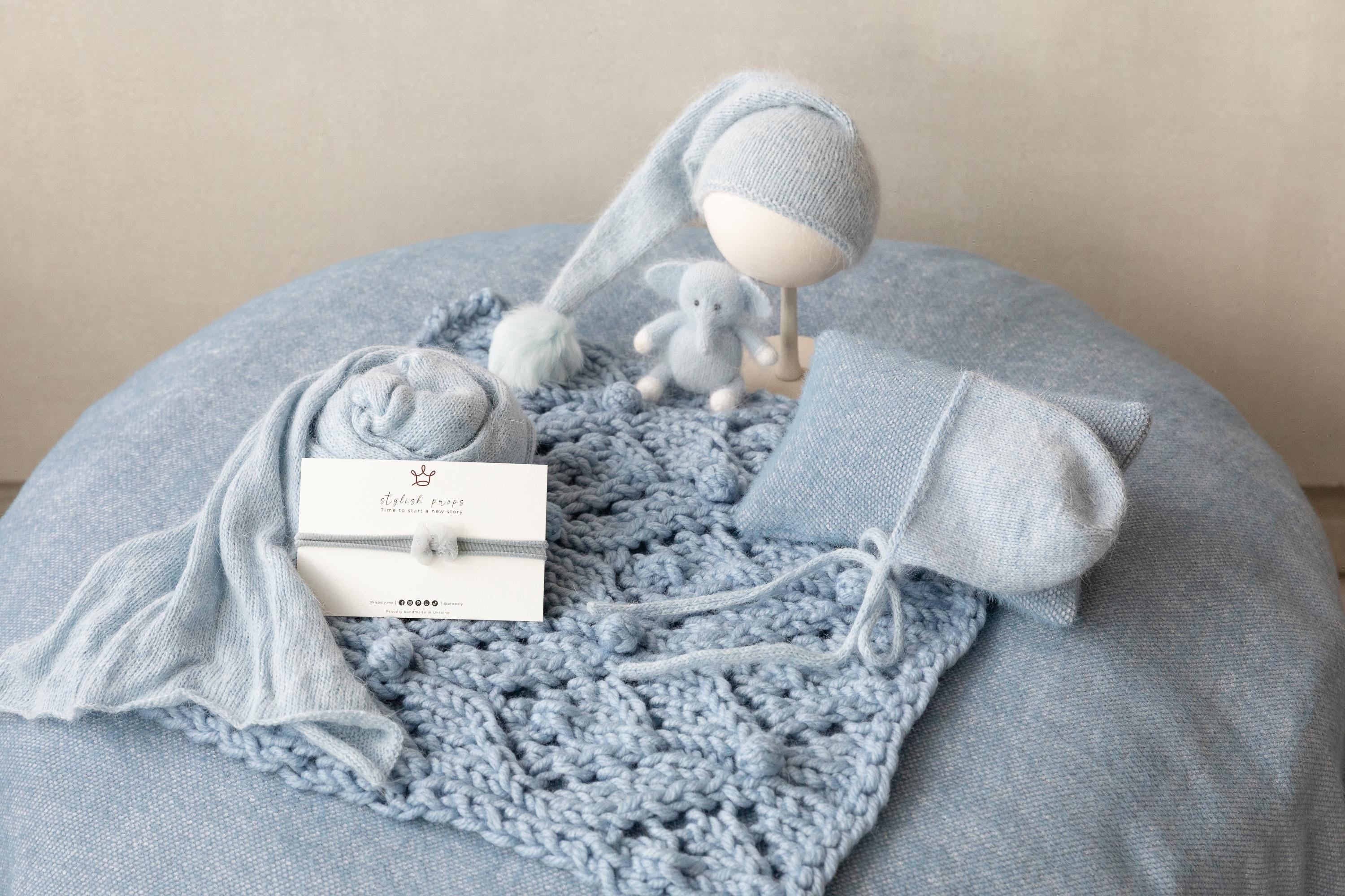 Blue Newborn Props for photography, Newborn Knit Blanket, Newborn Knitted Wrap, Newborn Posing Fabric Backdrop, Newborn Boy Photo Props Set