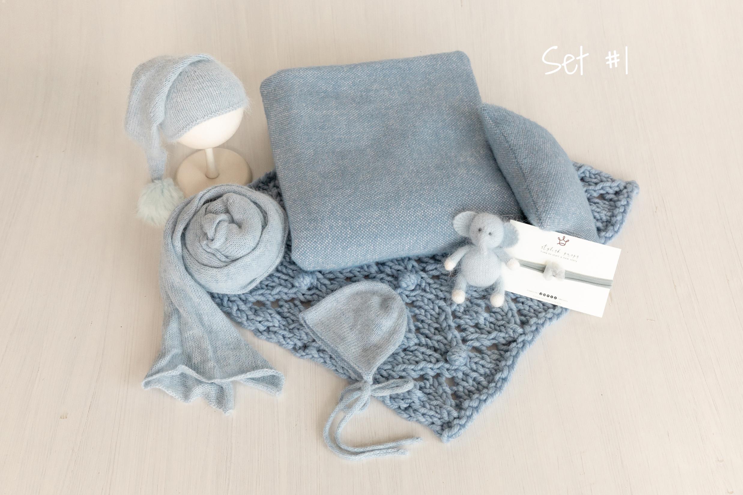 Blue Newborn Props for photography, Newborn Knit Blanket, Newborn Knitted Wrap, Newborn Posing Fabric Backdrop, Newborn Boy Photo Props Set
