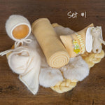 Warm Yellow Newborn Photography Props, Newborn Merino Wool Blanket, Newborn Knitted Wrap and Bonnet, Newborn Posing Pillow, Newborn Fur Prop