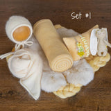 Warm Yellow Newborn Photography Props, Newborn Merino Wool Blanket, Newborn Knitted Wrap and Bonnet, Newborn Posing Pillow, Newborn Fur Prop