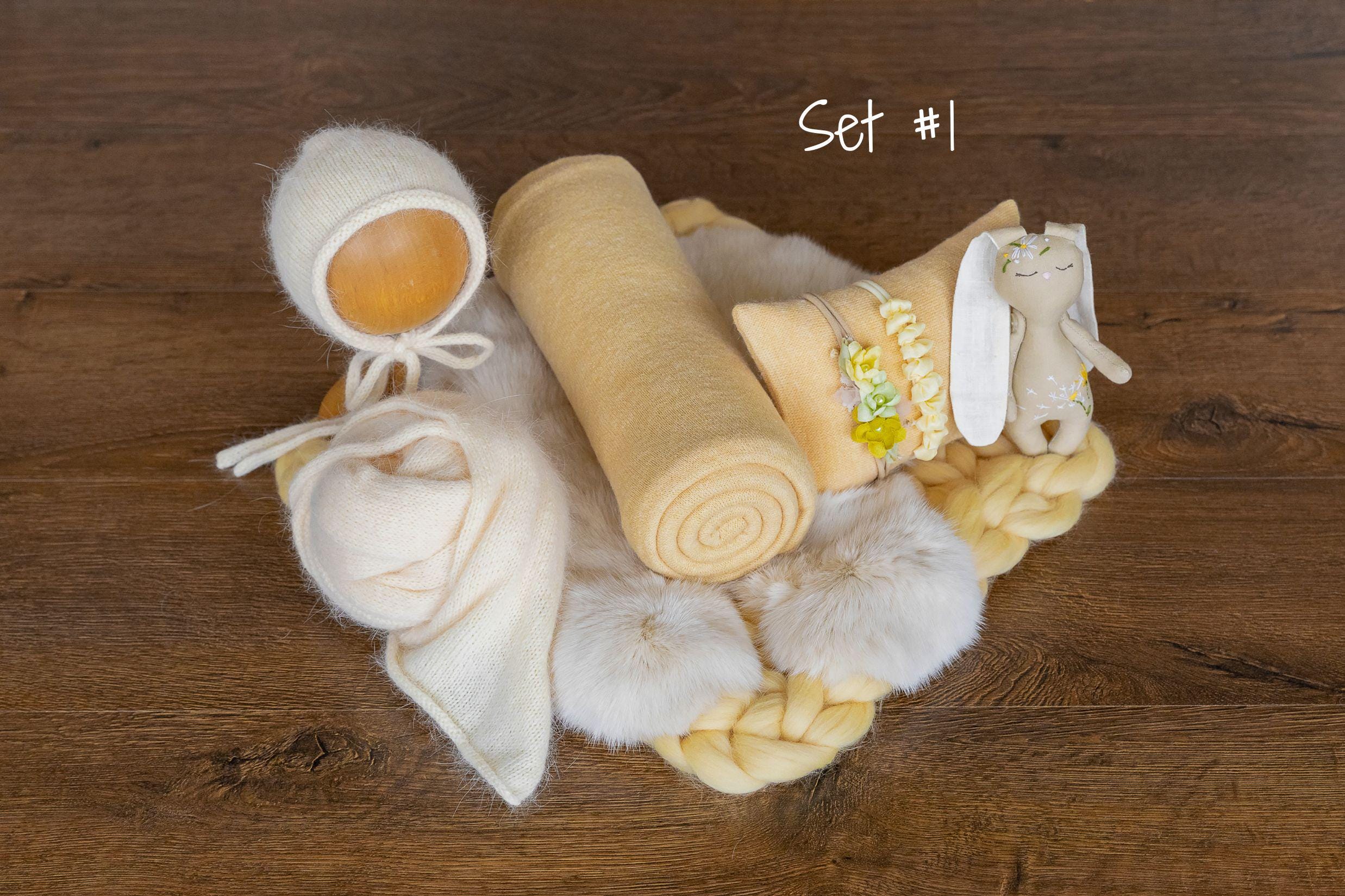 Warm Yellow Newborn Photography Props, Newborn Merino Wool Blanket, Newborn Knitted Wrap and Bonnet, Newborn Posing Pillow, Newborn Fur Prop